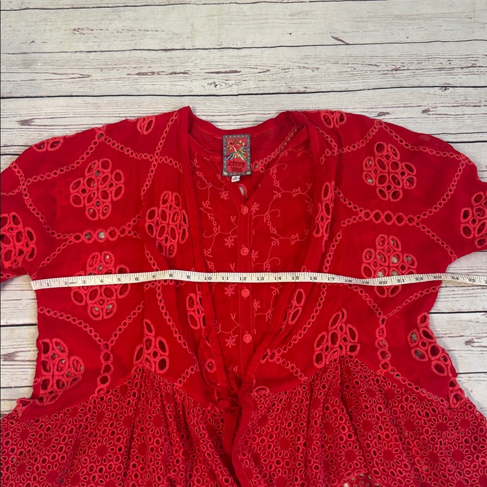 JOHNNY WAS XANTHOS RAE BLOUSE Embroidered Frilly Eyelet Red Sz Medium - Picture 10 of 13